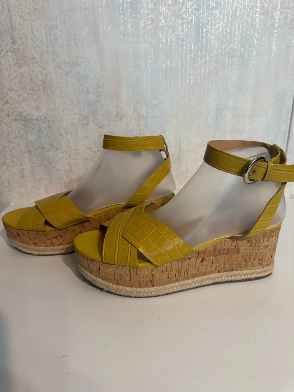 Marc Fisher Mustard Yellow Faux Croc Embossed Leather Cork Platform Wedge Sandal